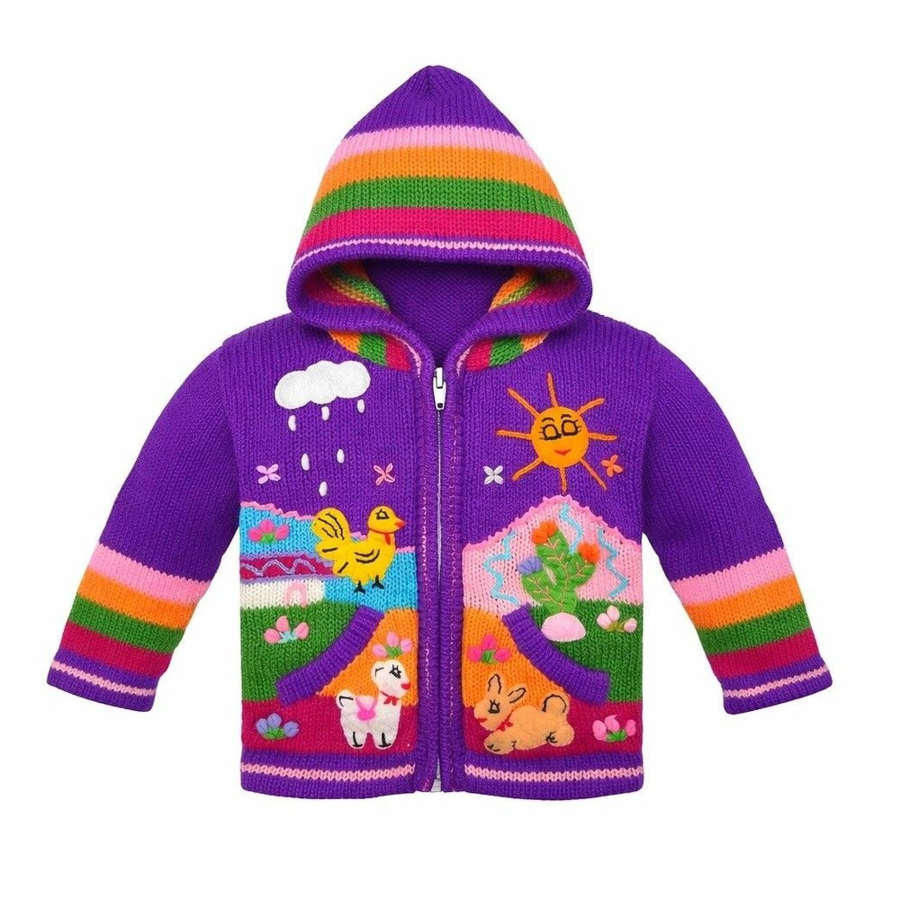 Toddler Peruvian Style Hand Knit Hooded Purple Sweater 2T 3T Folk Art